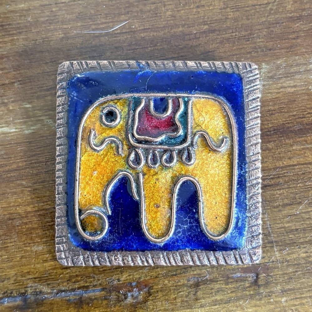 Vtg Enamel Elephant Brooch Pin Made In India Blue Yellow  AS IS -SEE